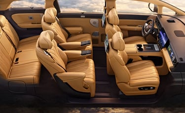 Interior do Denza D9 com 3 fileiras de bancos e acabamento premium