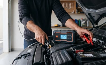 carregador de bateria 12v 6a sendo conectado na bateria de carro em garagem residencial com display