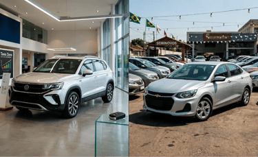 Carro novo em concessionária e carro usado em loja de seminovos lado a lado.