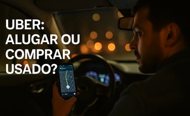 Motorista de aplicativo dirige carro popular em cenário urbano noturno com texto sobreposto