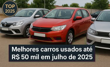 Três carros usados populares (hatch e sedã) estacionados em pátio de loja, com selo “TOP 2025”.