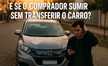 Homem preocupado olhando para o celular ao lado de um Honda HR-V cinza estacionado na rua, com um do