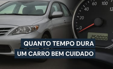 Carro usado prateado bem conservado estacionado ao lado de um velocímetro marcando 250.000 km, com a