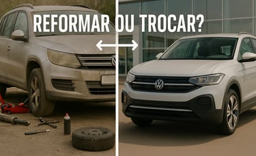 Imagem dividida ao meio mostrando, à esquerda, um Volkswagen Tiguan antigo sujo e com peças desmonta