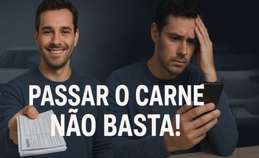 Alt da imagem: Homem dividindo a cena em dois momentos — à esquerda, entrega um carnê de boletos com