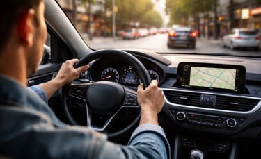 categoria B motorista dirigindo carro urbano com volante em destaque