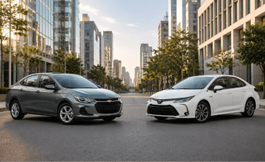 Chevrolet Onix Plus e Toyota Corolla XEi frente a frente em avenida com cenário urbano moderno.