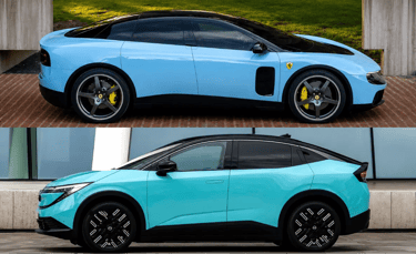 Comparativo visual entre Ferrari Luce e Nissan Leaf elétricos vistos de perfil