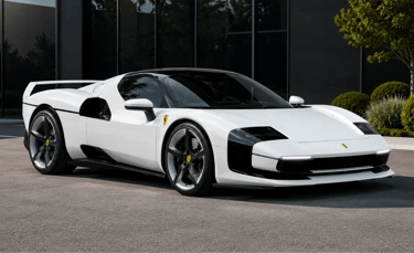 Ferrari SC40 branca inspirada na F40 estacionada em frente a prédio moderno com visual futurista
