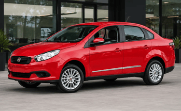 Fiat Grand Siena vermelho em ângulo 3/4 dianteiro em showroom externo moderno sem placa dianteira