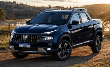Fiat Toro MHEV 2027 azul em estrada rural destacando design renovado e tecnologia híbrida leve