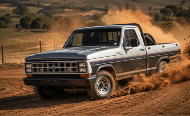 Ford F-1000 antiga derrapando em estrada de terra com poeira levantando ao fundo