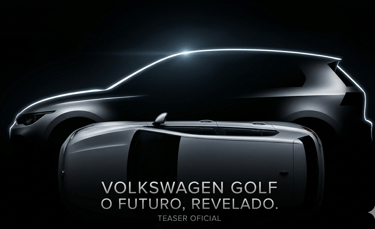 Teaser do novo Volkswagen Golf com silhueta luminosa e vista superior sobre fundo preto