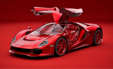 Hipercarro vermelho Tutto Rosso com portas abertas e visual futurista esportivo