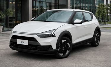 Hyundai i20 branco em ângulo 3/4 dianteiro em showroom externo urbano moderno