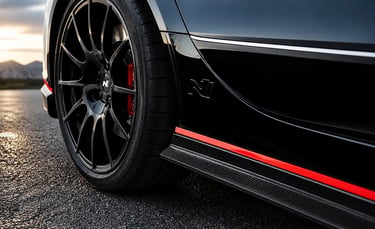 Detalhe da roda Hyundai N com freio esportivo e acabamento em fibra de carbono