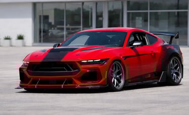 Mustang Dark Horse vermelho em showroom externo neutro com design esportivo e visual agressivo