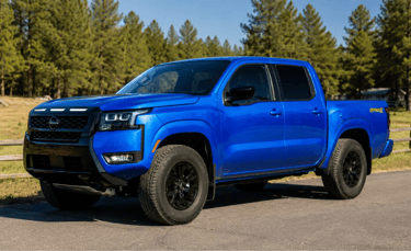 Nova Nissan Frontier Sport Edition 2027 azul com visual off-road em estrada rural