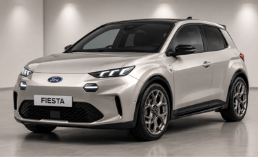 Novo Ford Fiesta elétrico em showroom neutro com visual moderno e placa Fiesta