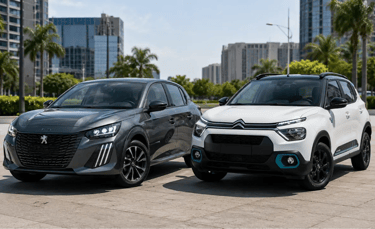 Peugeot 208 e Citroën C3 You lado a lado em showroom externo urbano moderno