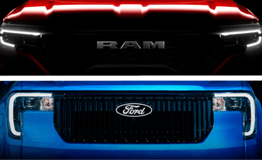 Frente da Ram Rampage e Ford Maverick em comparativo visual entre picapes