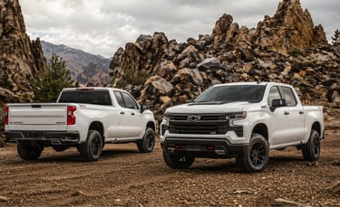 Chevrolet Silverado Trail Boss 2026 com motor V8 em cenário off-road rochoso