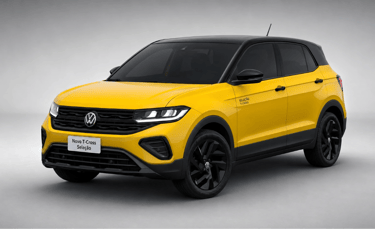Volkswagen T-Cross Canarinho amarelo em estúdio com teto preto