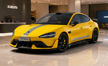 Xiaomi SU7 Ultra amarelo exposto em showroom moderno com piso brilhante.