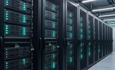 A high-tech European data center with rows of illuminated server racks. The lighting is dominated by dark navy and teal accents. Professional architectural photography style with a wide-angle perspective.