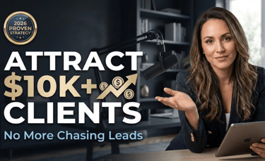 Confident female coach, gold graphics, and headline "ATTRACT $10K+ CLIENTS" on dark background.