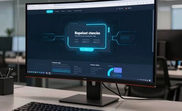 High-end professional workstation in a Brazilian tech office at night. A large curved monitor displays a futuristic website interface with a sleek dark theme and neon blue highlights. Minimalist surroundings with glass and brushed metal textures.