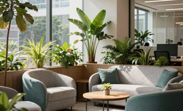 A professionally lit indoor photograph of a relaxing corporate lounge area in a modern office in Sao Paulo, Brazil. Green potted plants, cozy light gray and teal-accented furniture, clean biophilic design, soft morning sunlight, expressing a warm and productive atmosphere.