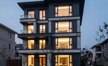 A high-end contemporary residential property in a North American neighborhood at dusk, featuring sleek architectural lines, warm interior lighting, and a manicured landscape, captured with professional architectural photography style using a palette of dark navy and soft blue.