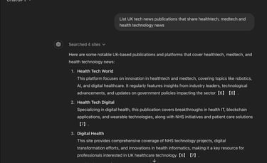 ChatGPT response to 'List UK tech news publications that share healthtech, medtech and health technology news
