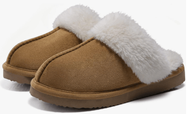 Brown suede slippers with white faux fur lining.