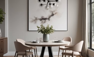 An elegant interior featuring a luxurious hallway. The space is adorned with gold and dark accents, with tall curtains and polished floors. Plants add a touch of greenery, and modern seating surrounds a glass-topped table in the foreground. A central round table, partially obscured, displays decorative items, while ambient lighting complements the sophisticated atmosphere.