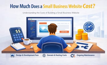 Person calculating small business website costs at computer with calculator and coffee on desk