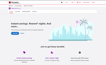 Hotels.com Rewards landing page