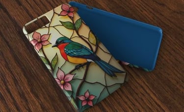 Colorful stained-glass style phone case with bird and flowers handcrafted mosaic illustration.
