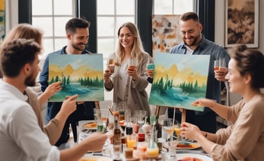 A collection of art supplies including two paintbrushes, a glass container with gold leaf fragments, and abstract art featuring soft colors and gold textures. The design includes overlapping ovals and circular patterns with shiny elements.