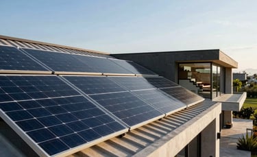 A row of modern, sleek solar panels installed on the roof of a contemporary South American villa under a bright blue sky, high-end architectural photography, warm natural lighting.