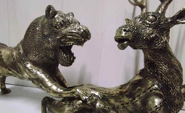 "Dramatic brass sculpture of predator-prey wildlife scene-Ready for global shipment"