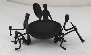 "Handcrafted Bastar tribal iron bowl with three musicians – Top & Front View-Globally demanded"