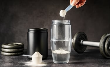 Pote de creatina monohidratada ao lado de um copo de água, transmitindo uso diário e simplicidade.