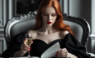 Elegant redhead woman in a black dress reading a book while holding a glass of white wine.