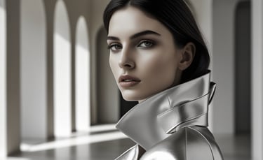 A high-fashion model wearing a metallic silver coat in a minimalist architectural setting.