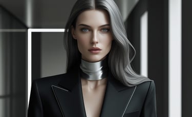Elegant woman with long silver hair wearing a modern black blazer and metallic choker.