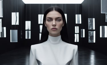 A woman in a futuristic white high-neck outfit posing in a dark room with hanging glowing panels.