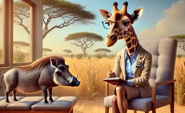a giraffe and a wild boar in a chair