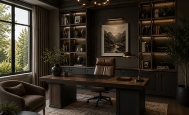 Luxury home office featuring a dark wood desk, leather chair, and built-in lit bookshelves.